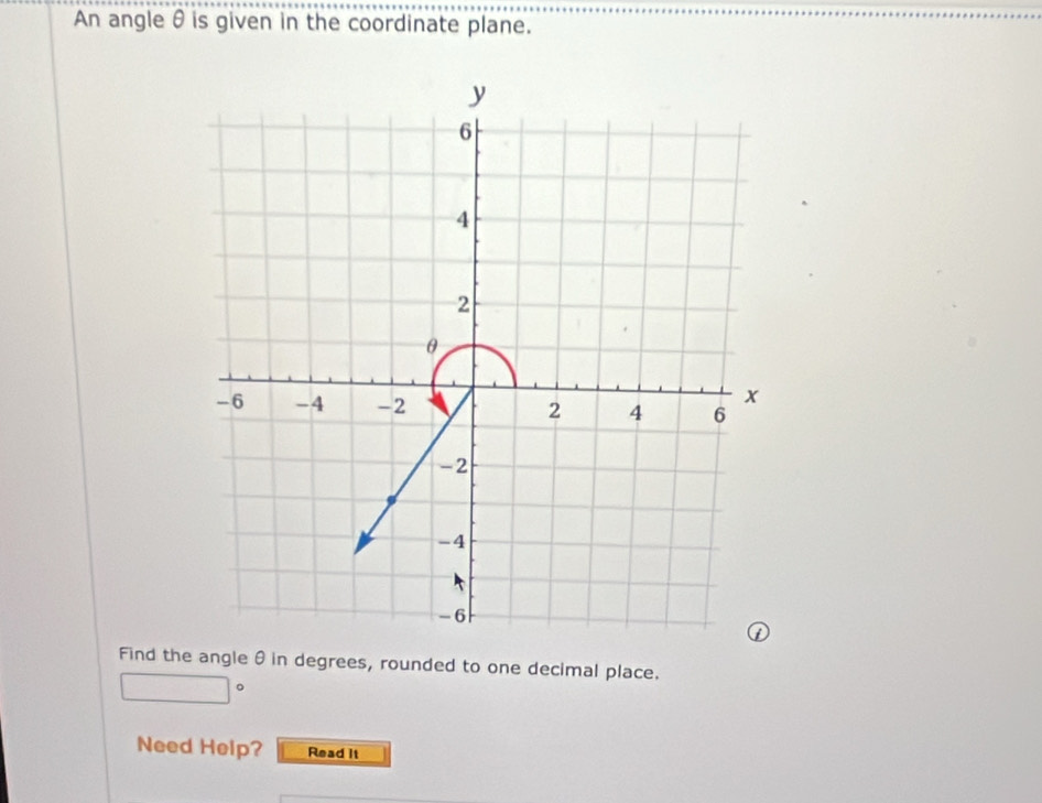 An angle θ is given in the coordinate plane. 
Find the angle θ in degrees, rounded to one decimal place. 
Need Help? Read it