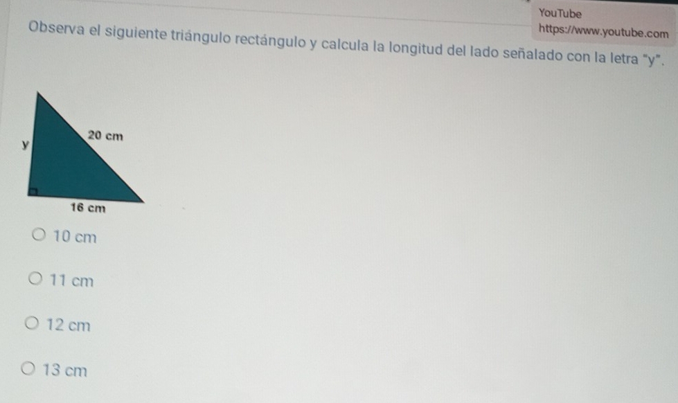 YouTube
https://www.youtube.com
Observa el siguiente triángulo rectángulo y calcula la longitud del lado señalado con la letra “ y ”.
10 cm
11 cm
12 cm
13 cm