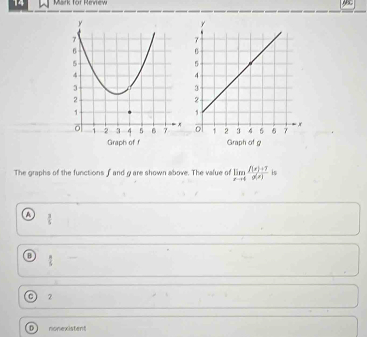 for Review
The graphs of the functions f and gare shown above. The value of limlimits _xto 4 (f(x)+7)/g(x)  is
 3/5 
③
2
nonexistent