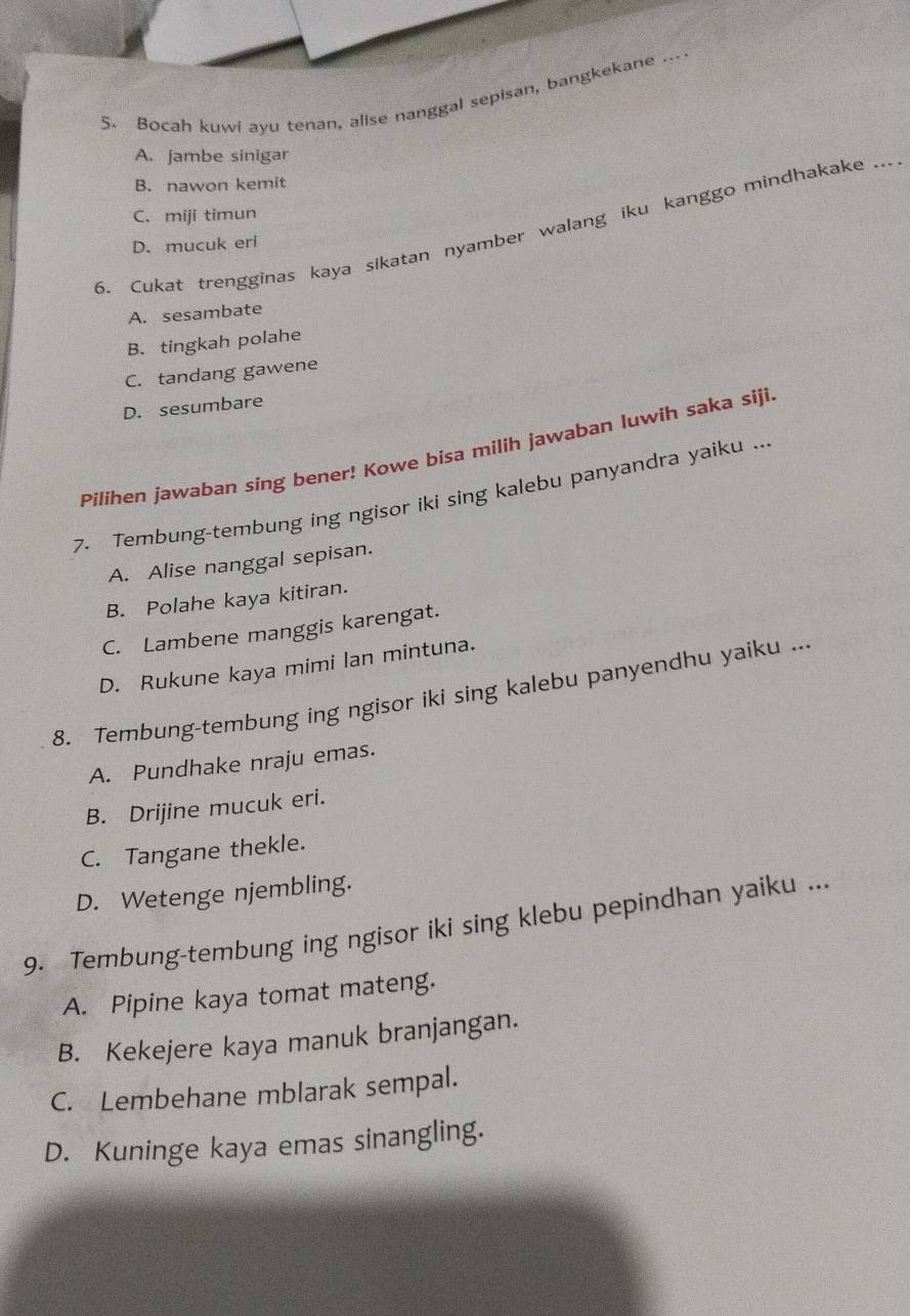 Bocah kuwi ayu tenan, alise nanggal sepisan, bangkekane ...
A. jambe sinigar
B. nawon kemit
C. miji timun
6. Cukat trengginas kaya síkatan nyamber walang iku kanggo mindhakake ...
D. mucuk eri
A. sesambate
B. tingkah polahe
C. tandang gawene
D. sesumbare
Pilihen jawaban sing bener! Kowe bisa milih jawaban luwih saka siji.
7. Tembung-tembung ing ngisor iki sing kalebu panyandra yaiku ..
A. Alise nanggal sepisan.
B. Polahe kaya kitiran.
C. Lambene manggis karengat.
D. Rukune kaya mimi lan mintuna.
8. Tembung-tembung ing ngisor iki sing kalebu panyendhu yaiku ...
A. Pundhake nraju emas.
B. Drijine mucuk eri.
C. Tangane thekle.
D. Wetenge njembling.
9. Tembung-tembung ing ngisor iki sing klebu pepindhan yaiku ...
A. Pipine kaya tomat mateng.
B. Kekejere kaya manuk branjangan.
C. Lembehane mblarak sempal.
D. Kuninge kaya emas sinangling.