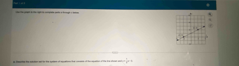 Lise the graph to the right ts complete parts a through c below. 

# Describe the solution set for the system of equations that consists of the equation of the line shown and y= 1/2 x-3.