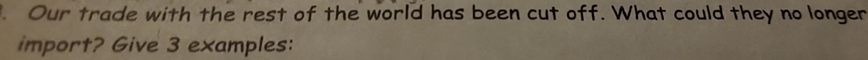 Our trade with the rest of the world has been cut off. What could they no longer 
import? Give 3 examples: