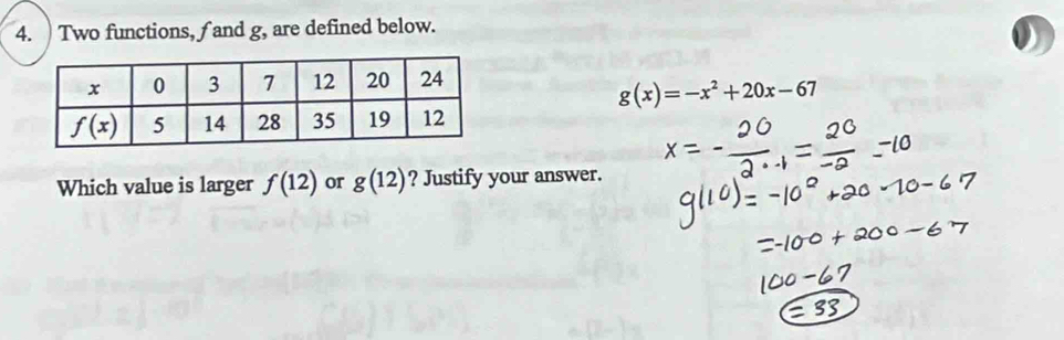 Two functions,  and g, are defined below.
g(x)=-x^2+20x-67
Which value is larger f(12) or g(12) ? Justify your answer.