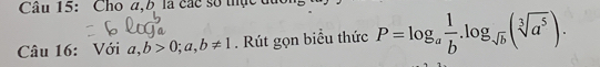 Cho a, b là các số thực đục
Câu 16: Với a, b>0; a, b!= 1. Rút gọn biểu thức P=log _a 1/b .log _sqrt(b)(sqrt[3](a^5)).