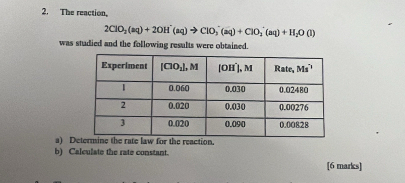 The reaction,
2ClO_2(aq)+2OH^+(aq)to ClO_3^(-(aq)+ClO_2^-(aq)+H_2)O(l)
was studied and the following results were obtained.
a) De reaction.
b) Calculate the rate constant.
[6 marks]