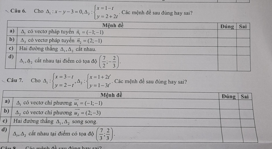 Cho △ _1:x-y-3=0,△ _2:beginarrayl x=1-t y=2+2tendarray.. Các mệnh đề sau đúng hay sai?
Câu 7. Cho △ _1:beginarrayl x=3-t y=2-tendarray. ,△ _2:beginarrayl x=1+2t' y=1-3t'endarray.. Các mệnh đề sau đúng hay sai?
d
Các mệnh đề sau đúng hay sai?