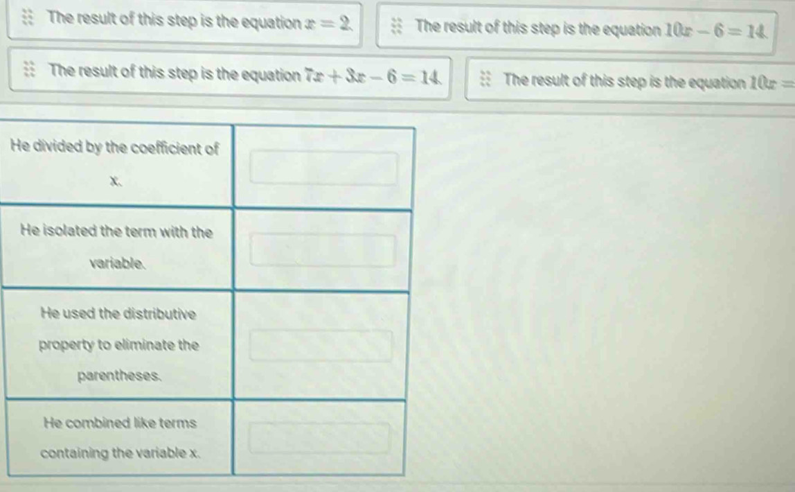 The result of this step is the equation x=2 The result of this step is the equation 10x-6=14
The result of this step is the equation 7x+3x-6=14 The result of this step is the equation 10x=
H