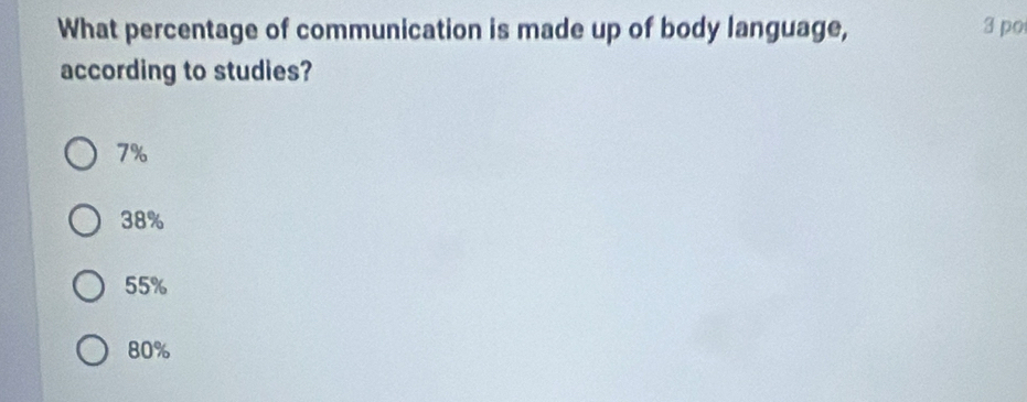 What percentage of communication is made up of body language, 3 po
according to studies?
7%
38%
55%
80%