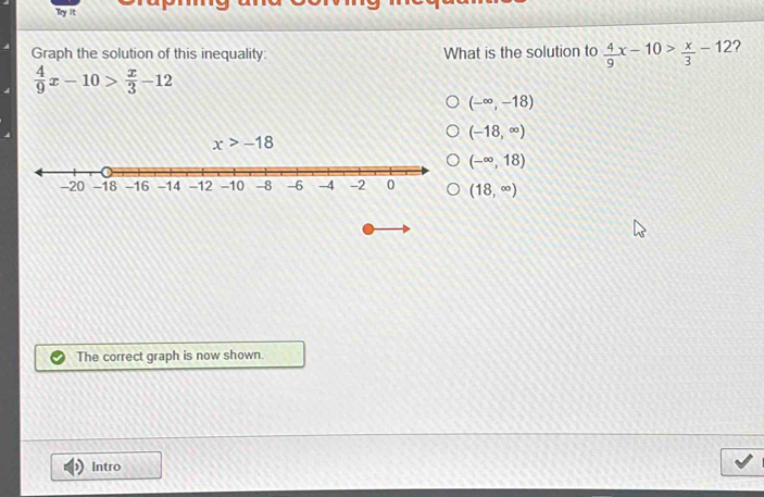 Try it
Graph the solution of this inequality: What is the solution to  4/9 x-10> x/3 -12
 4/9 x-10> x/3 -12
(-∈fty ,-18)
(-18,∈fty )
(-∈fty ,18)
(18,∈fty )
The correct graph is now shown.
Intro