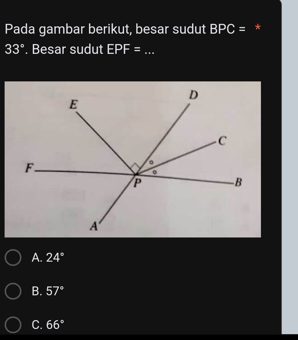 Telah dijawab:Pada gambar berikut, besar sudut BPC= * 33°. Besar sudut ...