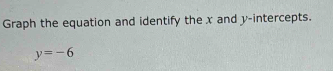 Graph the equation and identify the x and y-intercepts.
y=-6