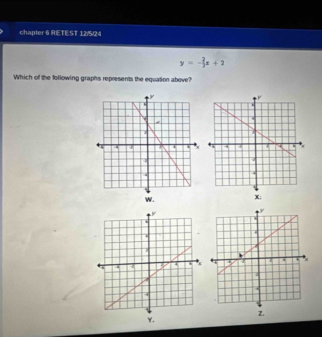 chapter 6 RETEST 12/5/24
y=- 2/3 x+2
Which of the following graphs represents the equation above? 
W.
X : 
Z. 
Y.