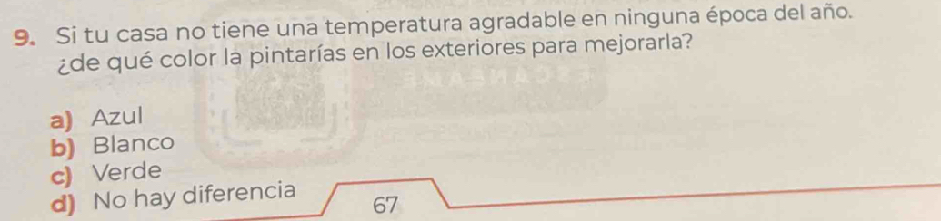 Si tu casa no tiene una temperatura agradable en ninguna época del año.
¿de qué color la pintarías en los exteriores para mejorarla?
a) Azul
b) Blanco
c) Verde
d) No hay diferencia
67