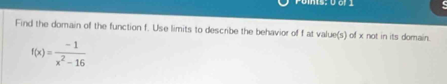 Poits: 0 of 1 
Find the domain of the function f. Use limits to describe the behavior of f at value(s) of x not in its domain.
f(x)= (-1)/x^2-16 