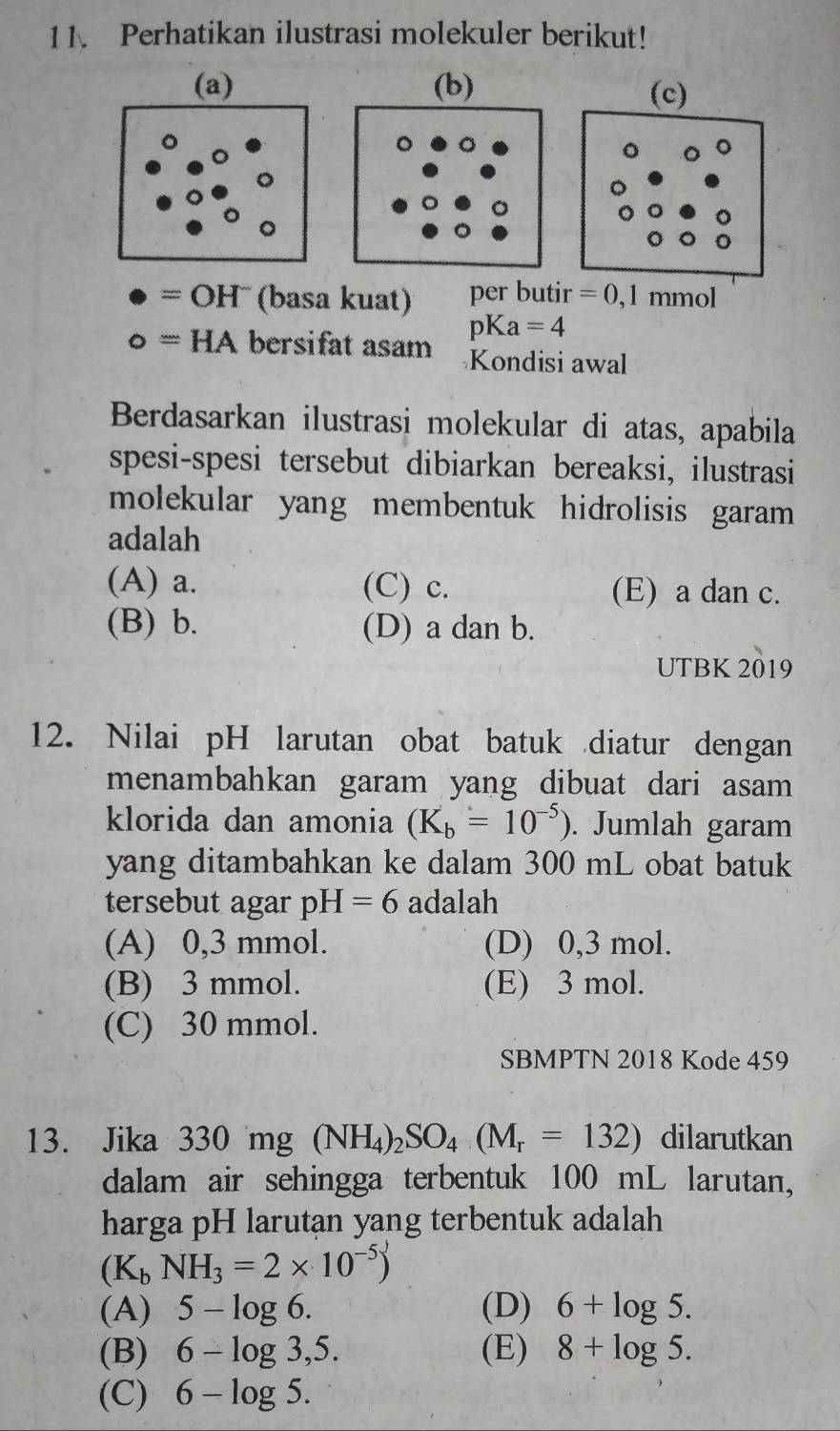 Perhatikan ilustrasi molekuler berikut!
(c)
=OH^- (basa kuat) per butir =0,1mmol
pKa=4
o=HA A bersifat asam Kondisi awal
Berdasarkan ilustrasi molekular di atas, apabila
spesi-spesi tersebut dibiarkan bereaksi, ilustrasi
molekular yang membentuk hidrolisis garam 
adalah
(A) a. (C) c. (E) a dan c.
(B) b. (D) a dan b.
UTBK 2019
12. Nilai pH larutan obat batuk diatur dengan
menambahkan garam yang dibuat dari asam
klorida dan amonia (K_b=10^(-5)). Jumlah garam
yang ditambahkan ke dalam 300 mL obat batuk
tersebut agar pH=6 adalah
(A) 0,3 mmol. (D) 0,3 mol.
(B) 3 mmol. (E) 3 mol.
(C) 30 mmol.
SBMPTN 2018 Kode 459
13. Jika 330 mg (NH_4)_2SO_4(M_r=132) dilarutkan
dalam air sehingga terbentuk 100 mL larutan,
harga pH larutan yang terbentuk adalah
(K_bNH_3=2* 10^(-5))
(A) 5-log 6. (D) 6+log 5. 
(B) 6-log 3,5. (E) 8+log 5.
(C) 6-log 5.