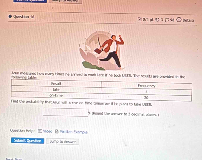 つ 3 $ 98 Details 
Arun measured how many times he arrived to work late if he took UBER. The results are provided in the 
following t 
ime tomorrow if he plans to take UBER.
□ % (Round the answer to 2 decimal places.) 
Question Help: Video Written Example 
Submit Question Jump to Answer