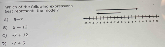 Which of the following expressions
best represents the model?
A) 5-7
B) 5-12
C) -7+12
D) -7+5