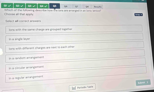 Results
Which of the following describe how the ions are arranged in an ionic lattice?
Choose all that apply. Te top 
Select all correct answers
lons with the same charge are grouped together
In a single layer
lons with different charges are next to each other
In a random arrangement
In a circular arrangement
In a regular arrangement
Periodic Table Submit 》