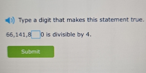 Type a digit that makes this statement true.
66, 141, 8□ 0 is divisible by 4. 
Submit