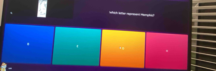 Which letter represent Memphis?
B
E
H