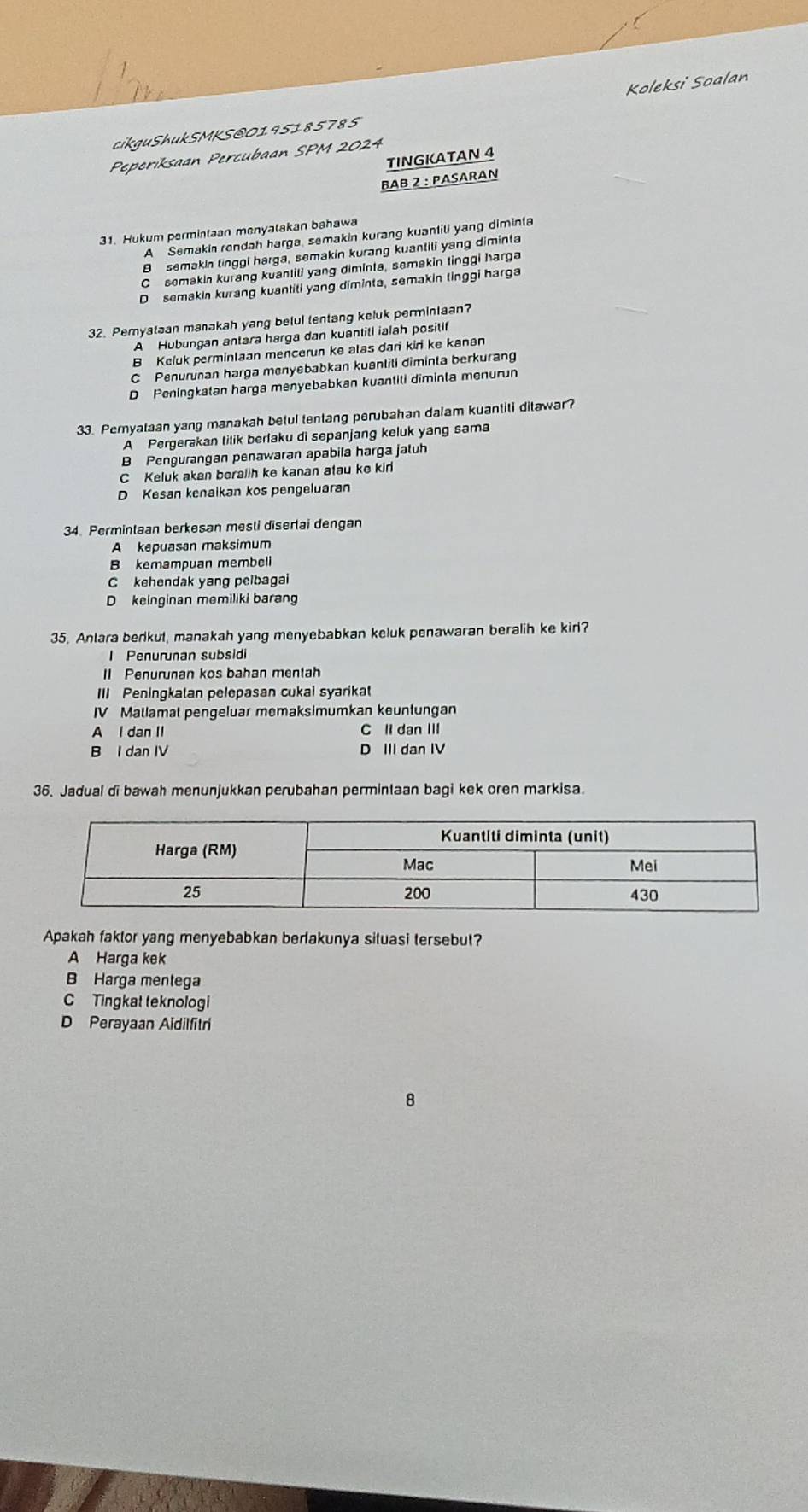 cikguShukSMKS@0195185785 Koleksi Soalan
Peperiksaan Percubaan SPM 2024
TINGKATAN 4
BAB 2 : PASARaN
31. Hukum permintaan menyatakan bahawa
A Semakin rendah harga semakin kurang kuantili yang diminta
B semakin tinggi harga, semakin kurang kuantili yang diminta
C semakin kurang kuantili yang diminta, semakin tinggi harga
D semakin kurang kuantiti yang diminta, semakin tinggi harga
32. Pemyataan manakah yang beful tentang keluk perminiaan?
A Hubungan antara harga dan kuantiti ialah positif
B Keluk permintaan mencerun ke alas dari kiri ke kanan
C Penurunan harga menyebabkan kuantiti diminta berkurang
D Peningkatan harga menyebabkan kuantili diminla menurun
33. Pernyataan yang manakah betul tentang perubahan dalam kuantiti ditawar?
A Pergerakan titik berlaku di sepanjang keluk yang sama
B Pengurangan penawaran apabila harga jatuh
C Keluk akan beralih ke kanan atau ke kin
D Kesan kenalkan kos pengeluaran
34. Permintaan berkesan mesli diserlai dengan
A kepuasan maksimum
B kemampuan membeli
C kehendak yang pelbagai
D keinginan memiliki barang
35. Antara bedkut, manakah yang menyebabkan keluk penawaran beralih ke kir?
I Penurunan subsidi
I Penurunan kos bahan mentah
III Peningkalan pelepasan cukai syarikat
IV Matlamat pengeluar memaksimumkan keuntungan
A I dan II C li dan III
B I dan IV D III dan IV
36. Jadual di bawah menunjukkan perubahan permintaan bagi kek oren markisa.
Apakah faklor yang menyebabkan berlakunya situasi tersebut?
A Harga kek
B Harga mentega
C Tingkat teknologi
D Perayaan Aidilfitri
8