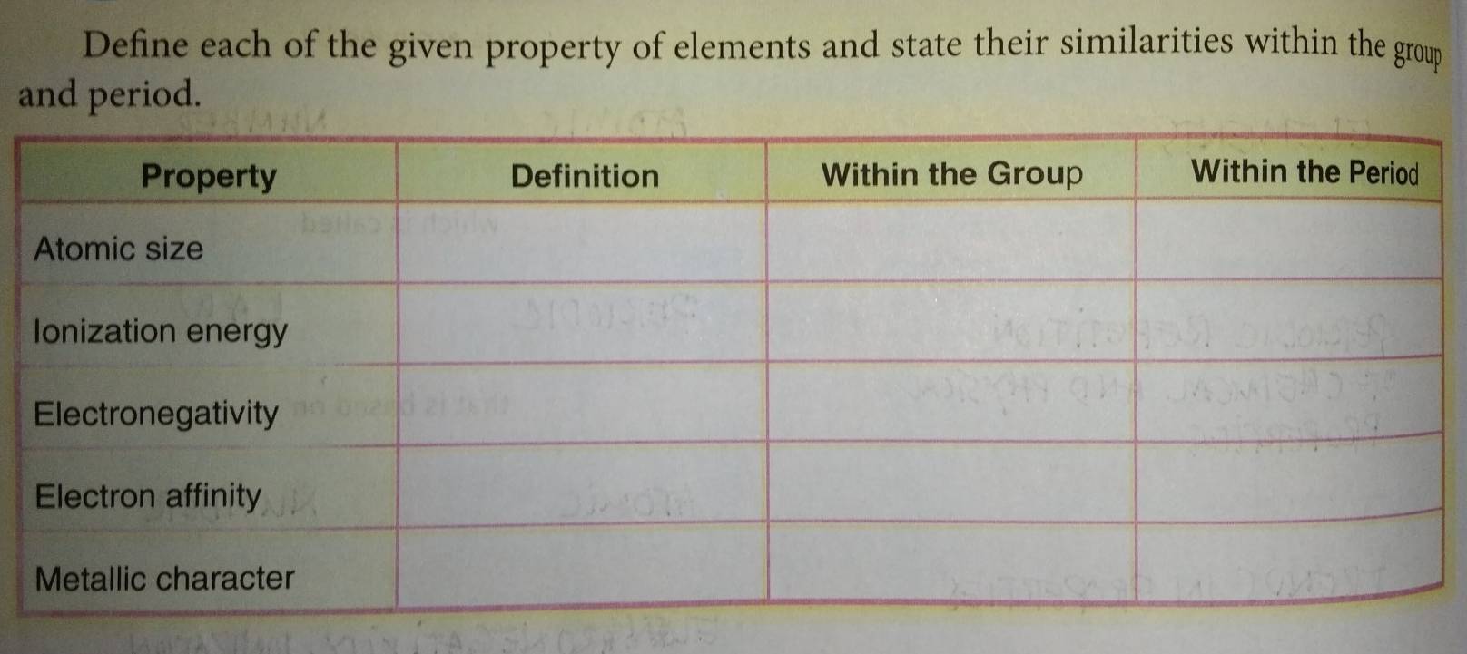 Define each of the given property of elements and state their similarities within the group 
and period.