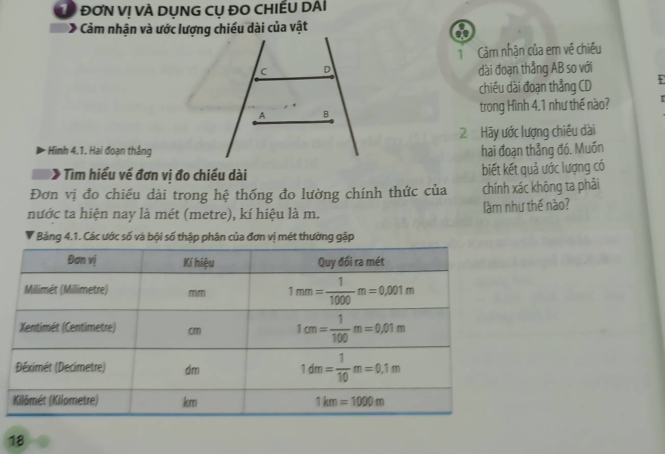 ĐơN Vị VÀ DỤNG CỤ ĐO CHIÊU DẢI
Cảm nhận và ước lượng chiều dài của vật
Cảm nhận của em về chiều
dài đoạn thẳng AB so với
chiều dài đoạn thẳng CD
trong Hình 4.1 như thế nào?
2  Hãy ước lượng chiều dài
- Hình 4.1. Hai đoạn thắnghai đoạn thẳng đó. Muốn
Tìm hiểu về đơn vị đo chiều dài
biết kết quả ước lượng có
Đơn vị đo chiếu dài trong hệ thống đo lường chính thức của chính xác không ta phải
nước ta hiện nay là mét (metre), kí hiệu là m. làm như thế nào?
* Bảng 4.1. Các ước số và bội số thập phân của đơn vị mét thường gặp
18