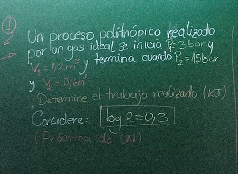 Un proceso, polotnopico realizodo 
por un gas ideal se inica P=3b ary
h=1,2m^2 y termina cuando P_2=15bc
y V_2=0.6m^3
Determine el trabajo realizado (s) 
Considere: log 2=0.3
(Fractica do UN)