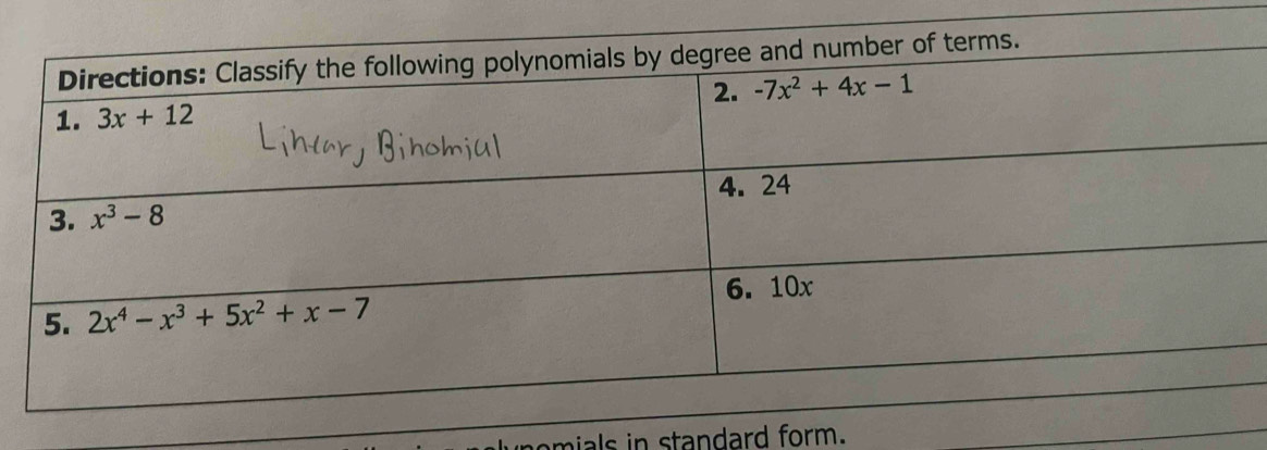 omials in standard form.