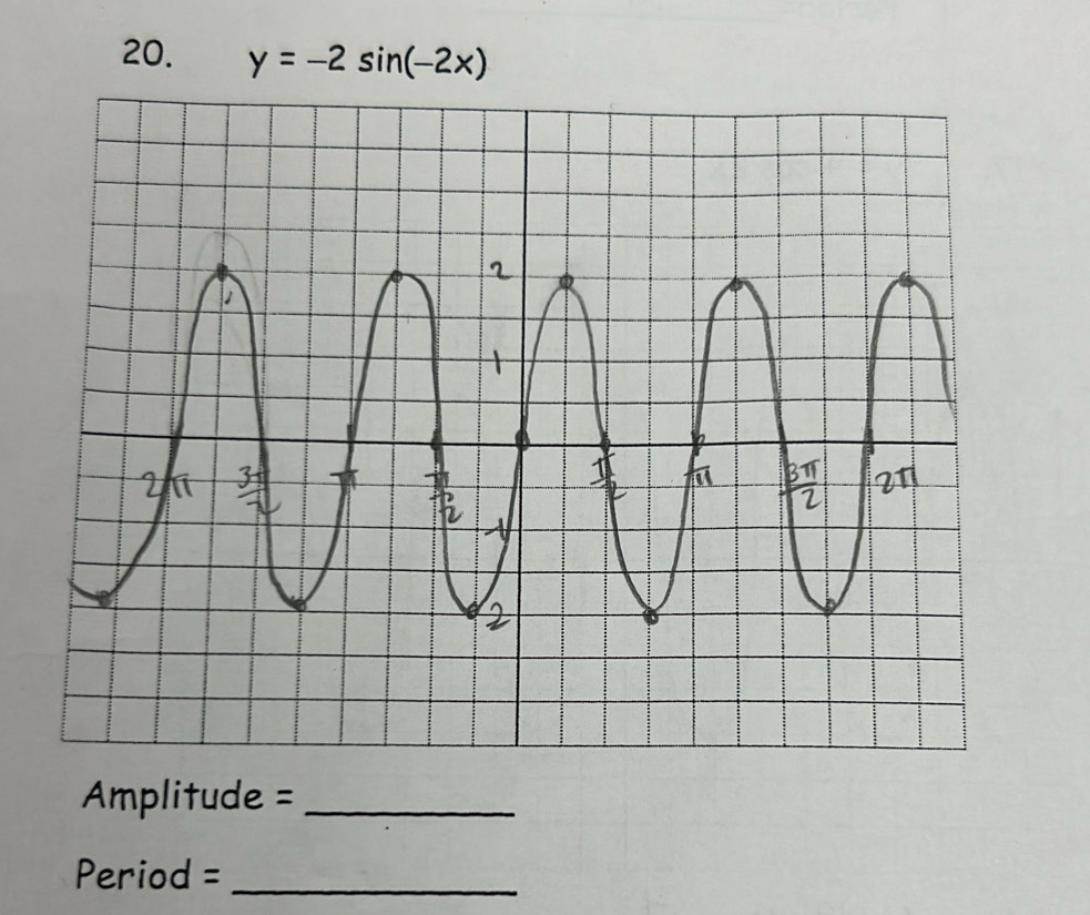 y=-2sin (-2x)
Amplitude = _
Period = _