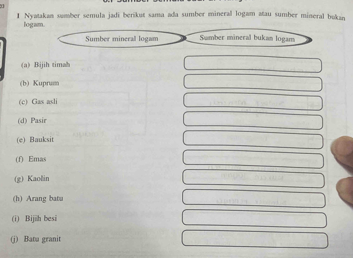 03
1 Nyatakan sumber semula jadi berikut sama ada sumber mineral logam atau sumber mineral bukan
log
(a) Bijih timah
(b) Kuprum
(c) Gas asli
(d) Pasir
(e) Bauksit
(f) Emas
(g) Kaolin
(h) Arang batu
(i) Bijih besi
(j) Batu granit