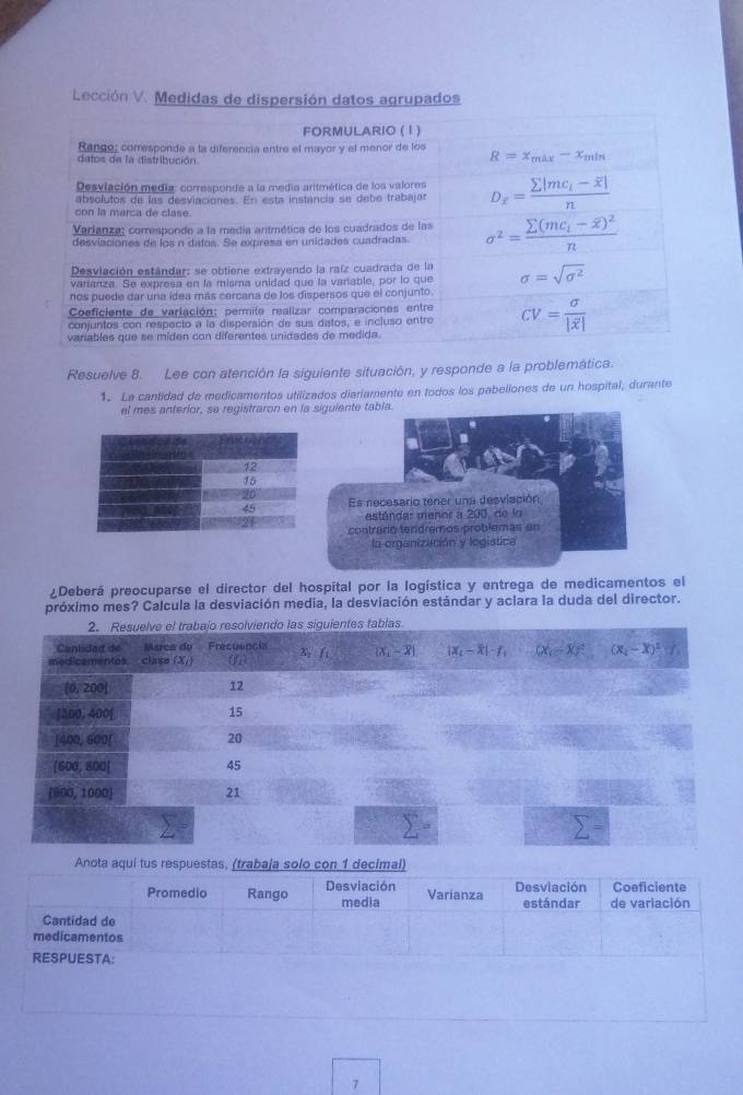 Lección V. Medidas de dispersión datos agrupados
FORMULARIO ( 1 )
Rango; corresponde a la diferencia entre el mayor y el menor de los
datos de la distribución
R=x_mix-x_min
Desvlación media: corresponde a la media aritmética de los valores
absolutos de las desviaciones. En está instancia se debe trabajar D_overline x=frac sumlimits |mc_i-overline x|n
con la marca de clase.
Varianza: comresponde a la media antmética de los cuadrados de las
desviaciones de los n datos. Se expresa en unidades cuadradas. sigma^2=frac sumlimits (mc_i-overline x)^2n
Desviación estándar: se obtiene extrayendo la raíz cuadrada de la
varianza. Se expresa en la misma unidad que la vanable, por lo que sigma =sqrt(sigma^2)
nos puede dar una ídea más cercana de los dispersos que el conjunto.
Coeficiente de varlación: permite realizar comparaciones entre
conjuntos con respecto a la dispersión de sus datos, e incluso entro CV=frac sigma |overline x|
variables que se míden con diferentes unidades de medida.
Resuelve 8. Lee con atención la siguiente situación, y responde a la problemática.
1. La cantidad de medicamentos utilizados diariamente en todos los pabellones de un hospital, durante
el mes anterior, se registraron en la siguiente tabla.
Es necesario tener una desviación
estándar menor a 200, de lo
contrario tendremos problemas an
la organización y logistica
Deberá preocuparse el director del hospital por la logística y entrega de medicamentos el
próximo mes? Calcula la desviación media, la desviación estándar y aclara la duda del director.
2. Resuelve el trabajo resolviendo las siguientes tablas
Cantidad de Marca de Frecuencia
medicamentos clase (X.) 01 x, f X,-R XX|-f; X- XJ^2 (x_2-x)^2
[0, 200] 12
]200, 400[ 15
[400, 600[ 20
[600, 800] 45
[800,1000] 21
7