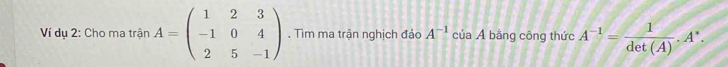 Ví dụ 2: Cho ma t trinA=beginpmatrix 1&2&3 -1&0&4 2&5&-1endpmatrix. Tìm ma trận nghịch đảo A^(-1) của Á bằng công thức A^(-1)= 1/det(A) .A^(·).