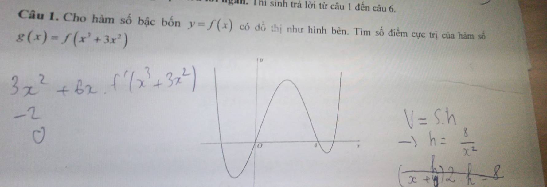 gin. Thi sinh trả lời từ câu 1 đến câu 6.
Câu 1. Cho hàm số bậc bốn y=f(x) có đồ thị như hình bên. Tìm số điểm cực trị của hàm số
g(x)=f(x^3+3x^2)