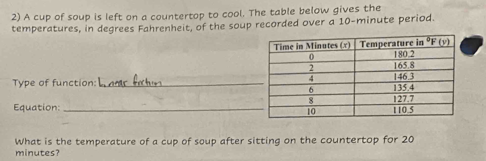 A cup of soup is left on a countertop to cool. The table below gives the
temperatures, in degrees Fahrenheit, of the soup recorded over a 10-minute period.
Type of function:_
Equation:_
What is the temperature of a cup of soup after sitting on the countertop for 20
minutes?