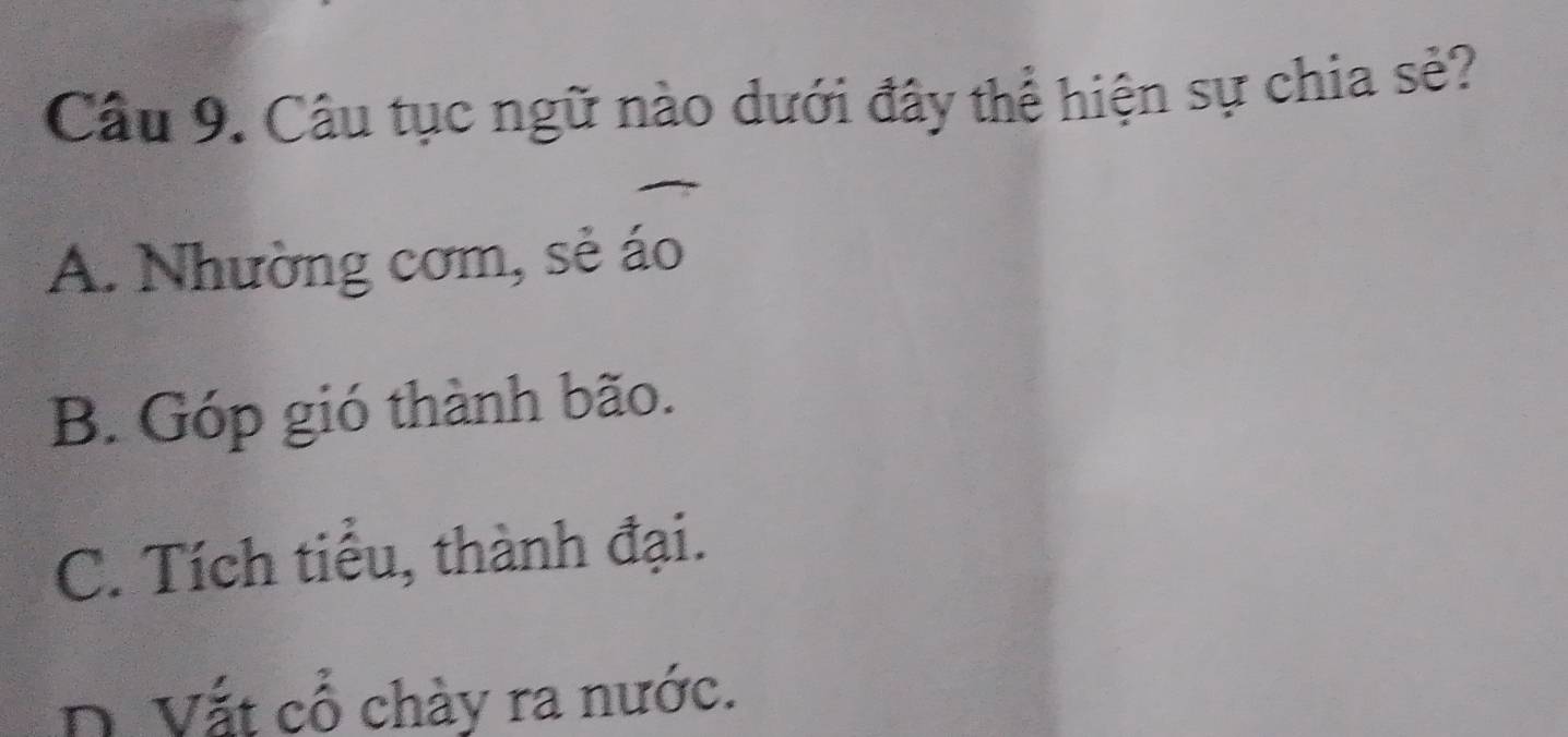 Câu tục ngữ nào dưới đây thể hiện sự chia sẻ?
A. Nhường cơm, sẻ áo
B. Góp gió thành bão.
C. Tích tiểu, thành đại.
D. Vắt cổ chày ra nước.