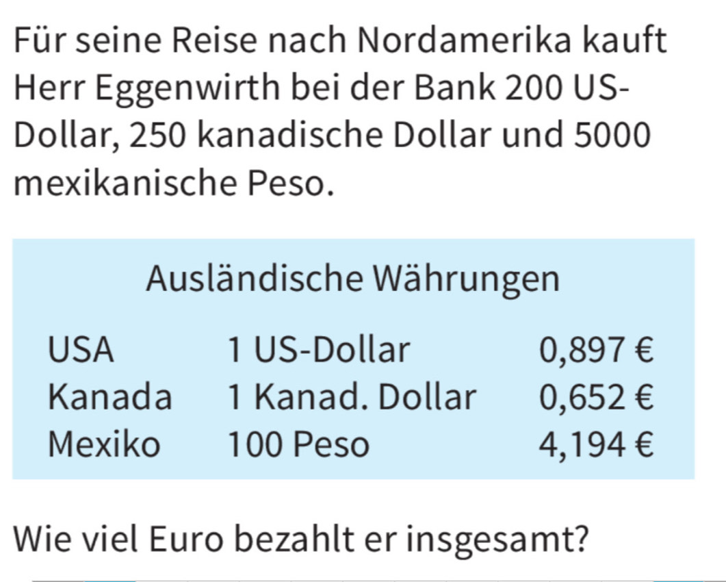 Für seine Reise nach Nordamerika kauft 
Herr Eggenwirth bei der Bank 200 US- 
Dollar, 250 kanadische Dollar und 5000
mexikanische Peso. 
Ausländische Währungen 
USA 1 US-Dollar 0,897 €
Kanada 1 Kanad. Dollar 0,652 €
Mexiko 100 Peso 4,194 €
Wie viel Euro bezahlt er insgesamt?