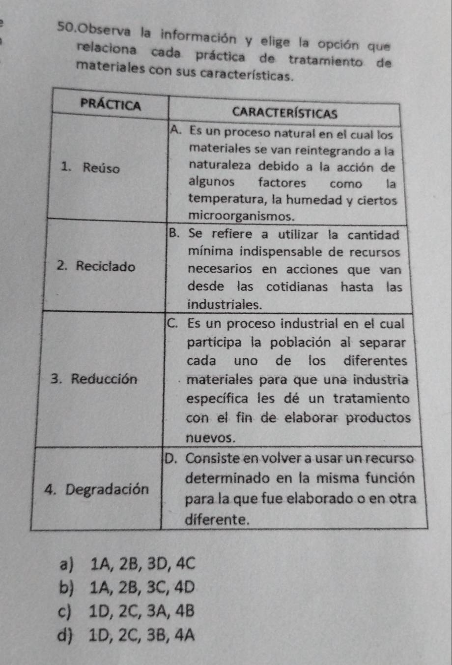 Observa la información y elige la opción que
relaciona cada práctica de tratamiento de
materiales con sus
a) 1A, 2B, 3D, 4C
b) 1A, 2B, 3C, 4D
c) 1D, 2C, 3A, 4B
d) 1D, 2C, 3B, 4A