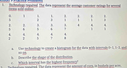 Psson 9 Practice Probiems 
1. Technology required. The data represent the average customer ratings for several 
items sold online. 
a. Use technology to create a histogram for the data with intervals 0-1, 1-2, and 
so on 
b. Describe the shape of the distribution. 
c. Which interval has the highest frequency? 
Technology required. The data represent the amount of corn, in bushels per acre,