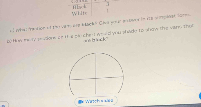 Colou 3 
Black 
White 1 
a) What fraction of the vans are black? Give your answer in its simplest form. 
b) How many sections on this pie chart would you shade to show the vans that 
are black? 
us Watch video