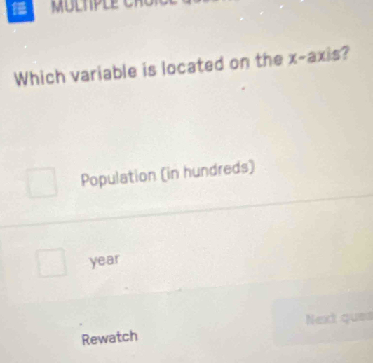 Which variable is located on the x-axis
Population (in hundreds)
year
Rewatch Next ques