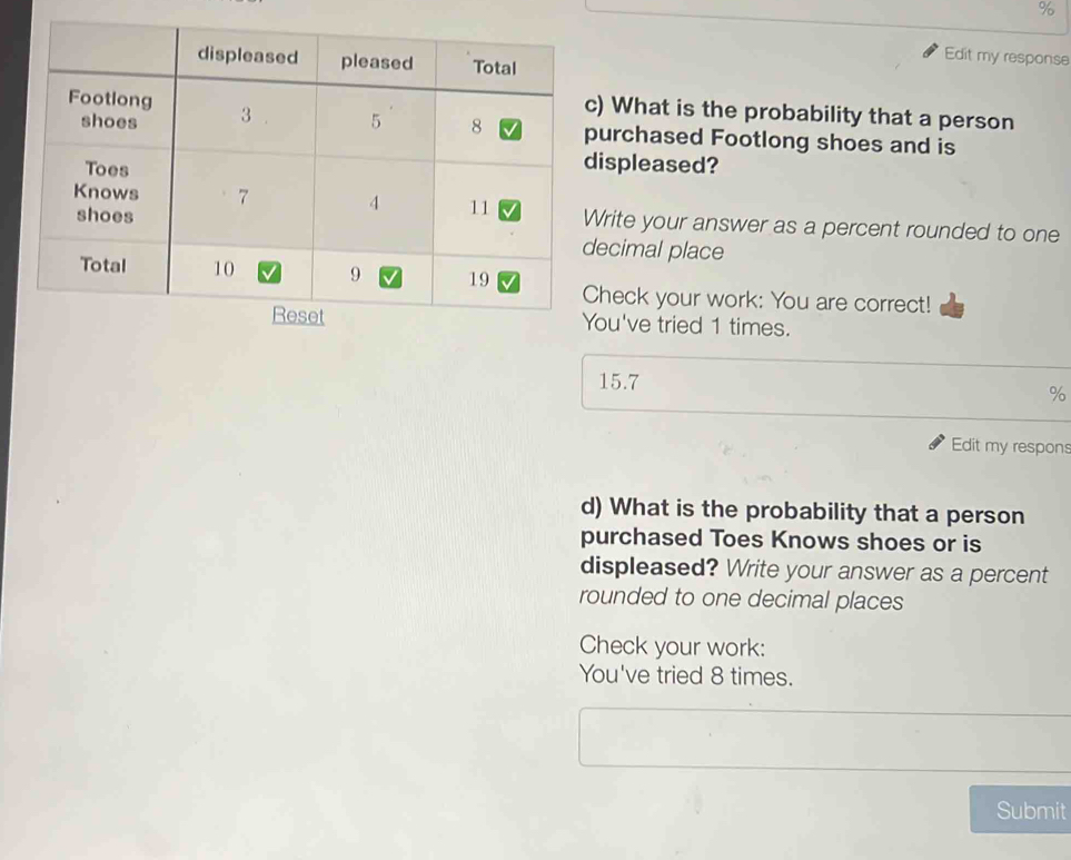 Edit my response 
c) What is the probability that a person 
purchased Footlong shoes and is 
displeased? 
Write your answer as a percent rounded to one 
decimal place 
Check your work: You are correct! 
You've tried 1 times.
15.7
%
Edit my respons 
d) What is the probability that a person 
purchased Toes Knows shoes or is 
displeased? Write your answer as a percent 
rounded to one decimal places 
Check your work: 
You've tried 8 times. 
Submit