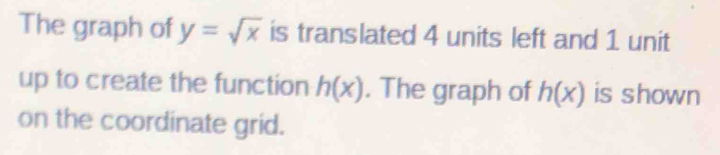 The graph of y=sqrt(x) is translated 4 units left and 1 unit 
up to create the function h(x). The graph of h(x) is shown 
on the coordinate grid.