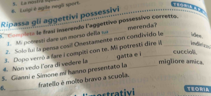 La nosträ squ 
6. Luigi è agile negli sport. 
Ripassa gli aggettivi possessivi 
5. Completa le frasi inserendo l’aggettivo possessivo corretto. 
1. Mi potresti dare un morso della tua merenda? 
2. Solo lui la pensa così! Onestamente non condivido le idee. 
cuccioli. 
3. Dopo verrò a fare i compiti con te. Mi potresti dire il _indirizzo 
migliore amica. 
4. Non vedo l’ora di vedere la _gatta e i_ 
5. Gianni e Simone mi hanno presentato la_ 
fratello è molto bravo a scuola. 
6. _TEORIA 
tivi