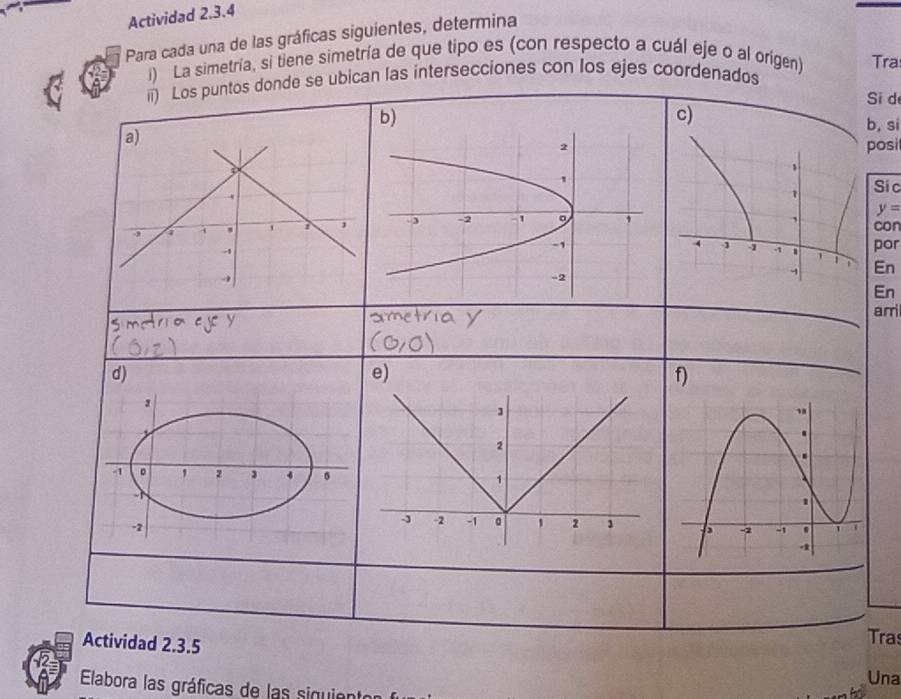 Actividad 2.3.4 
Para cada una de las gráficas siguientes, determina 
i) La simetría, si tiene simetría de que tipo es (con respecto a cuál eje o al orígen) Tra 
ii) Los puntos donde se ubican las intersecciones con los ejes coordenados 
Si d 
c) 
b, si 
posi 
Si c
y=
con 
por 
En 
En 
arril 
f) 
Actividad 2.3.5 
Tras 
Una 
Elabora las gráficas de las siguientor