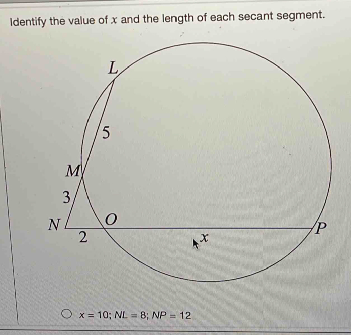 Identify the value of x and the length of each secant segment.
x=10; NL=8; NP=12