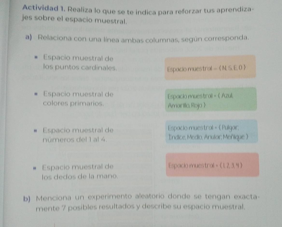 Actividad 1. Realiza lo que se te indica para reforzar tus aprendiza- 
jes sobre el espacio muestral. 
a) Relaciona con una línea ambas columnas, según corresponda. 
Espacio muestral de 
los puntos cardinales. Espaclo muestral -  N. S. E, 0  
Espacio muestral de 
Espacio muestral =  Azul, 
colores primarios. Amarillo, Rojo  
Espacio muestral de Espacio muestral = Pulgar; 
números del 1 al 4. 
Indice, Medio, Anular; Meñique  
s Espacio muestral de Espacio muestral = (1,2,3,4)
los dedos de la mano. 
b) Menciona un experimento aleatorio donde se tengan exacta- 
mente 7 posibles resultados y describe su espacio muestral.