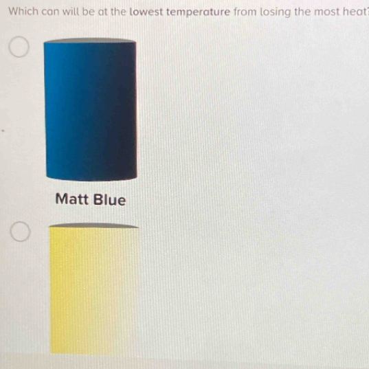 Which can will be at the lowest temperature from losing the most heat
Matt Blue