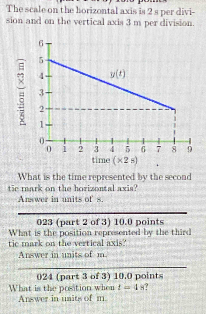 The scale on the horizontal axis is 2 s per divi-
sion and on the vertical axis 3 m per division.
What is the time represented by the second
tic mark on the horizontal axis?
Answer in units of s.
023 (part 2 of 3) 10.0 points
What is the position represented by the third
tic mark on the vertical axis?
Answer in units of m.
024 (part 3 of 3) 10.0 points
What is the position when t=4s
Answer in units of m.