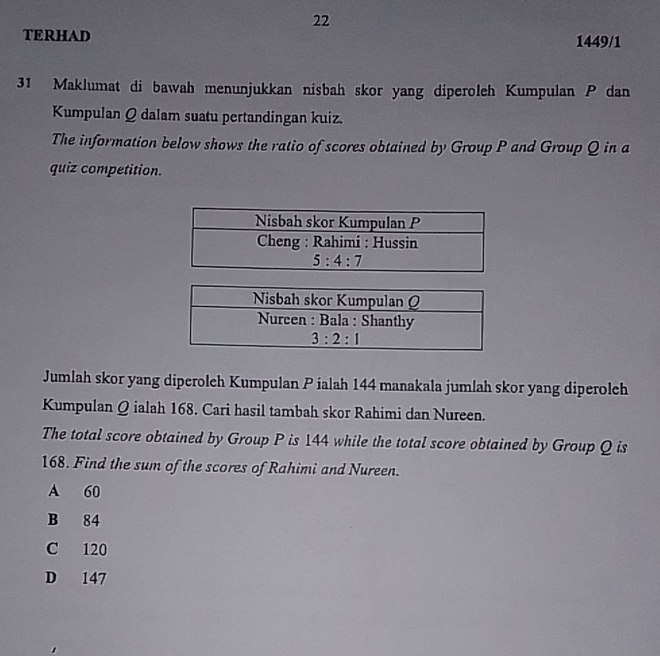 TERHAD 1449/1
31 Maklumat di bawah menunjukkan nisbah skor yang diperoleh Kumpulan P dan
Kumpulan Q dalam suatu pertandingan kuiz.
The information below shows the ratio of scores obtained by Group P and Group Q in a
quiz competition.
Jumlah skor yang diperoleh Kumpulan P ialah 144 manakala jumlah skor yang diperoleh
Kumpulan Q ialah 168. Cari hasil tambah skor Rahimi dan Nureen.
The total score obtained by Group P is 144 while the total score obtained by Group Q is
168. Find the sum of the scores of Rahimi and Nureen.
A 60
B 84
C 120
D 147